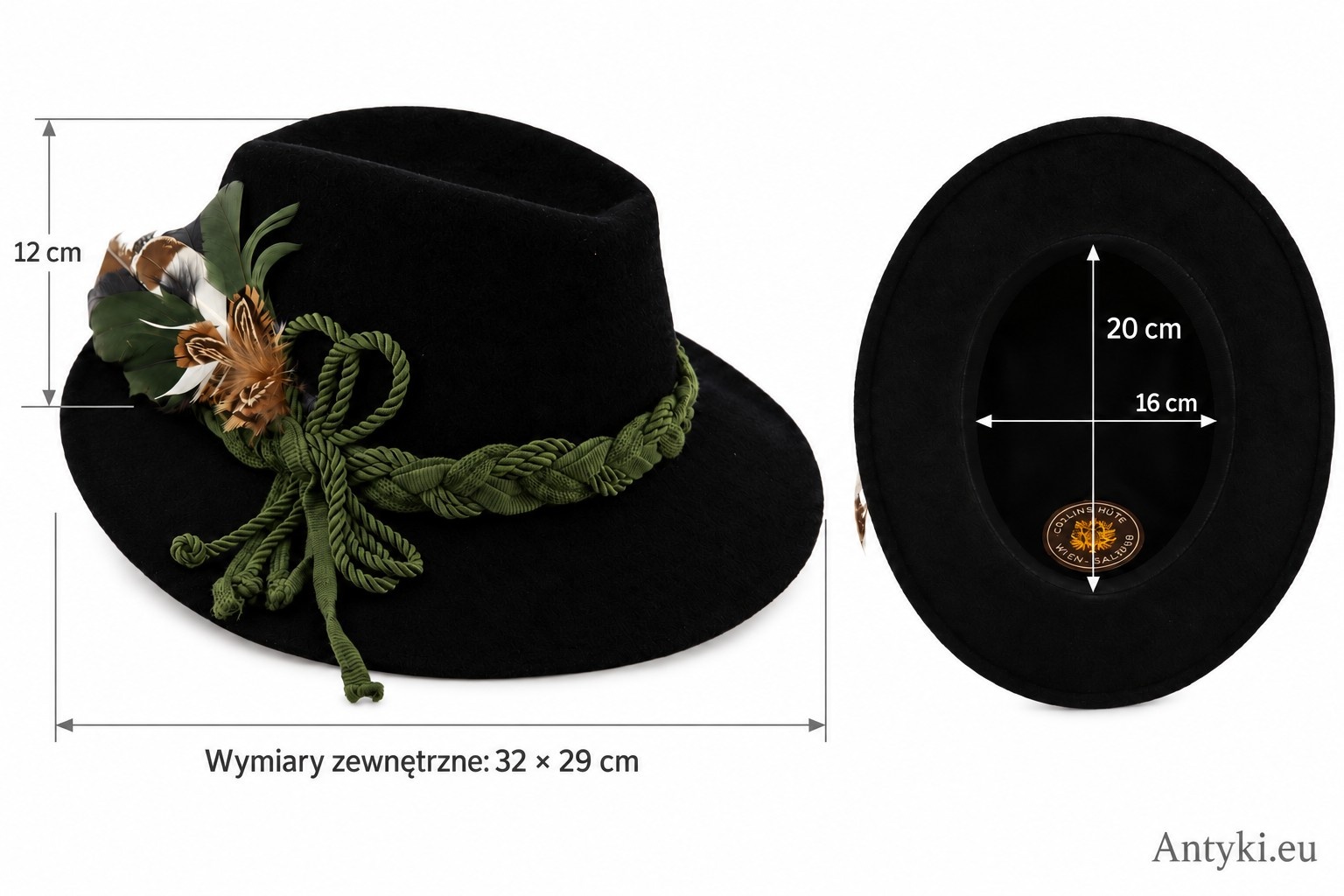 Wymiary kapelusza: wysokość 12 cm, zewnętrzne 32 × 29 cm, otwór 20 × 16 cm